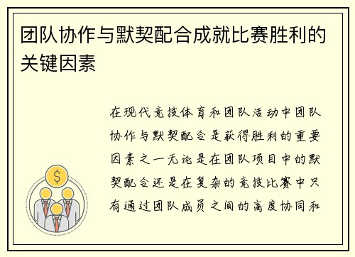 团队协作与默契配合成就比赛胜利的关键因素