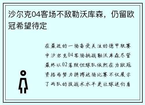 沙尔克04客场不敌勒沃库森，仍留欧冠希望待定