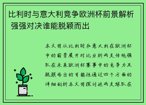 比利时与意大利竞争欧洲杯前景解析 强强对决谁能脱颖而出