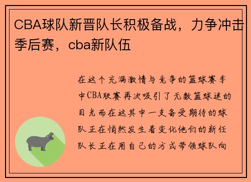 CBA球队新晋队长积极备战，力争冲击季后赛，cba新队伍