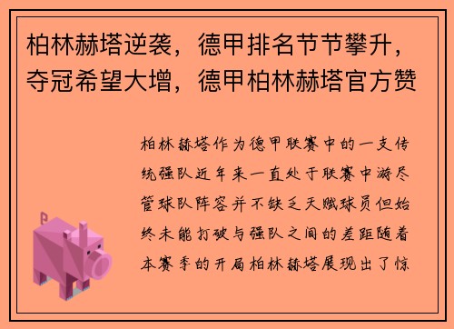 柏林赫塔逆袭，德甲排名节节攀升，夺冠希望大增，德甲柏林赫塔官方赞助