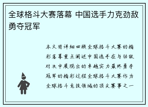 全球格斗大赛落幕 中国选手力克劲敌勇夺冠军