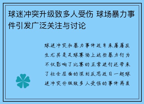 球迷冲突升级致多人受伤 球场暴力事件引发广泛关注与讨论