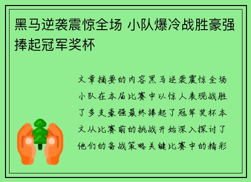 黑马逆袭震惊全场 小队爆冷战胜豪强捧起冠军奖杯